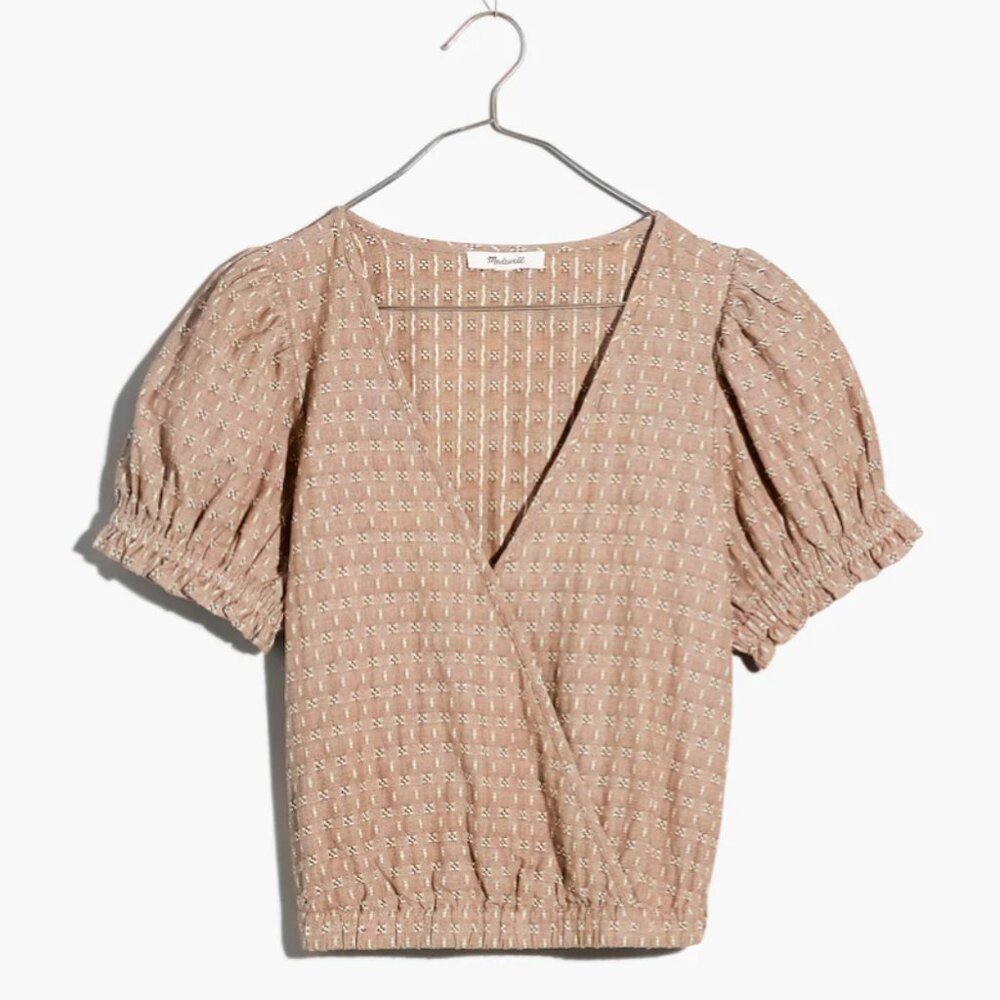 Madewell Jacquard Puff Sleeve Faux-Wrap Top, Size M